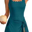 Charmo One Piece Swim Dress Scalloped Square Neck Modest Swimsuits for Women Tummy Control Bathing Suit with Skirt, L