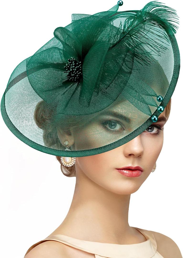 Zinniday Feather Tea Party Fascinator - 2026 Derby Hat with Hairpin, 1920s 50s Hats for Women, 11.81 “x9.84” (Green)
