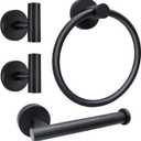 Matte Black Bathroom Hardware Set - Stainless Steel Wall-Mounted Toilet Paper Holder, Towel Ring & 2 Handy Hooks for Modern Bathroom Accessories | Rust-Resistant Towel Hook Set with Easy Installation
