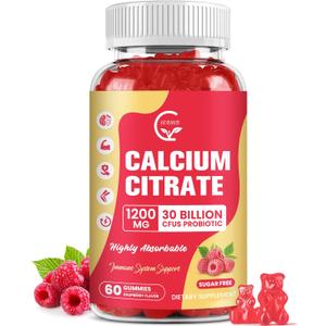 Calcium Citrate Gummies, Calcium 1200 mg with Vitamin d3, K2, Magnesium, Zinc for Bone, Muscle & Immune Support, High Absorption Calcium Supplement for Women & Men, Raspberry Flavor, 60 Chews (EXP: 12/11/2027)