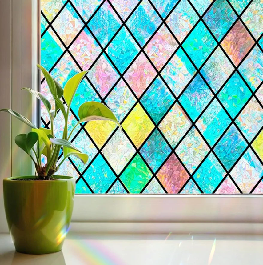Linarun Stained Glass Window Film Rainbow Window Privacy Film 3D Decorative Static Cling Door Glass Decals Non Adhesive Removable for Home Office 90x200cm