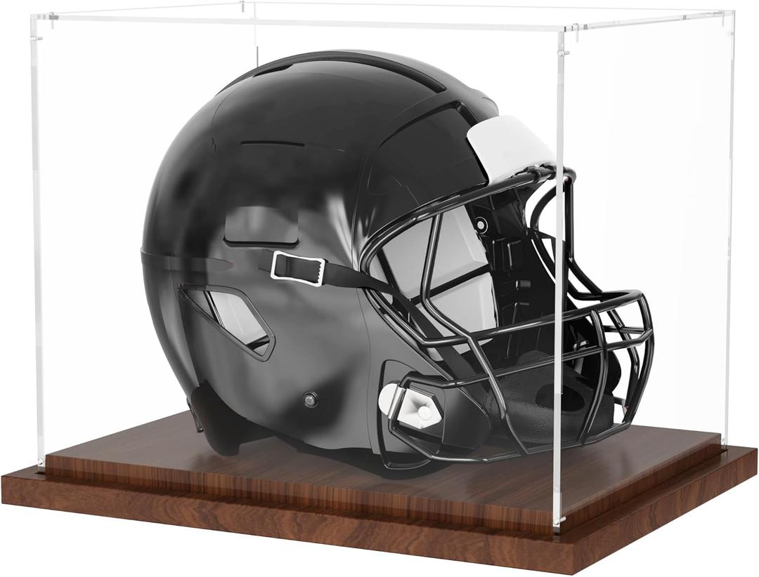 VGMiu Football Helmet Display Case with Wood Base, Clear Acrylic Helmet Display Box Dustproof Displays Case for Helmets, Sports Collectibles, Memorabilia Displays