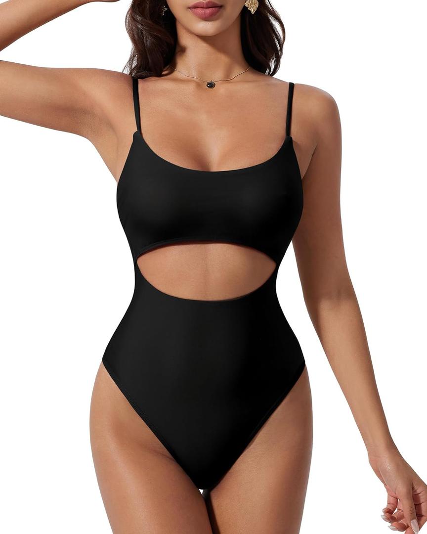 SUUKSESS Women Sexy Cut Out One Piece Swimsuit Tummy Control High Cut Bathing Suit (Large, 182 Black)