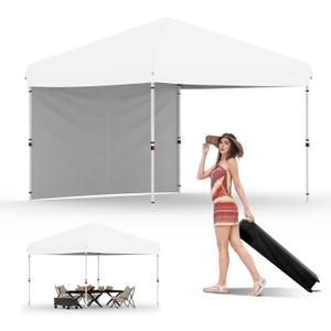10x10 Pop Up Canopy, GarveeLife Heavy Duty Canopy Tent with One-Button Push Setup, Portable Roller Bag and 1 Sidewall, Pop Up Canopies with Adjustable Height and 4 Weight Bags (White, 10x10 1sidewall)