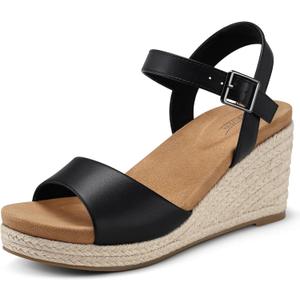 SHIBEVER Women's Wedge Platform Sandals: Espadrille Dressy Comfortable Summer Open Toe Ankle Strap Buckle Women Sandal (7, Black)