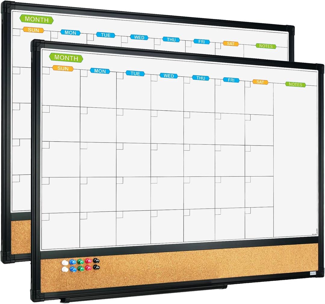 JILoffice Magnetic Calendar Whiteboard & Bulletin Corkboard Combination, Combo Board 24 x 18 Inch, 2 Pack, Black Aluminum Frame Wall Mounted Board for Office Home and School with 10 Push Pins