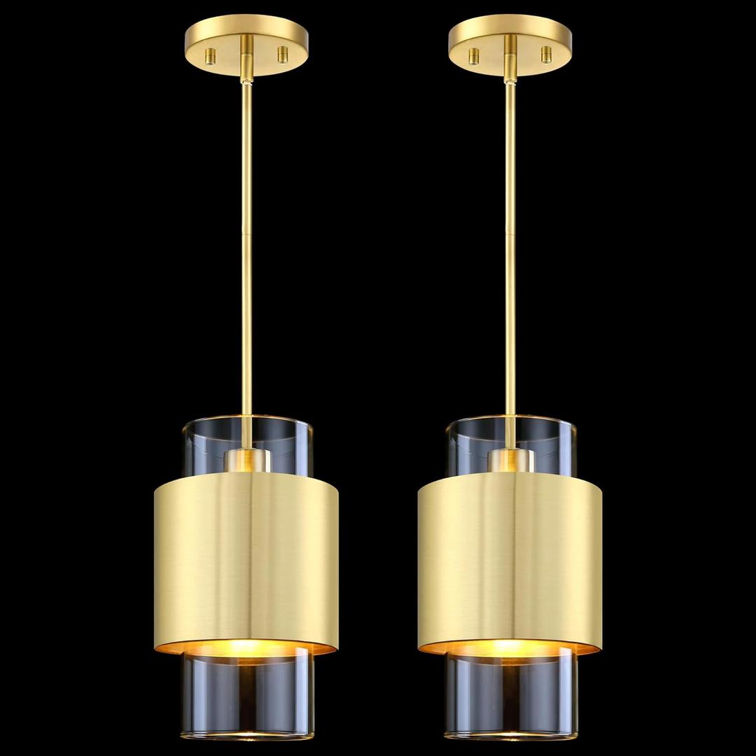 1 Light Hanging Indoor Kitchen Island Pendant Ceiling Light 6" Drum Glass Shade Fixture, Modern Farmhouse Dinning Room Over Sink (Clear Glass Gold, 2 Pack)
