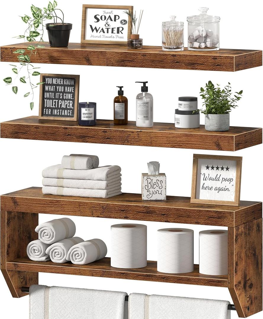 QEEIG Bathroom Floating Shelves for Wall - Shelf Over Toilet Paper Storage Farmhouse 24 inch Set of 3, Rustic Brown (028-60BN3)