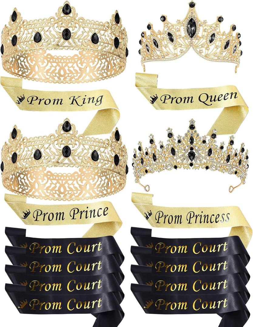 Ferreve 16 Pcs Prom King Queen Crown Sash Set Crystal Rhinestones Tiaras Sash for Prince Princess Court Birthday Wedding Graduation Party Favor Costume Accessories Dress Up(Gold)