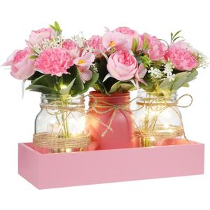 Honeydak 9 Pcs Mason Jar Centerpiece for Dining Room Table with Farmhouse Wood Tray, 3 Mason Jars, 6 Fake Flowers, and 2 LED Light for Room Kitchen Living Bathroom Wedding (Peony)