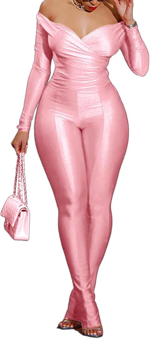 Womens Sexy 2 Piece Outfits Off Shoulder Deep V Neck Tops Slit Hem Flare Pants Sparkly Jumpsuit Set Clubwear (Small, Pink)