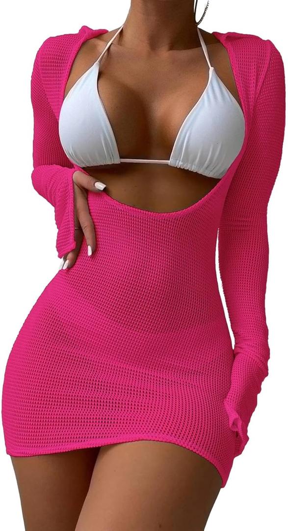 Lilosy Sexy Crochet Sheer Long Sleeve Cover Up Swim Bathing Suit Beach Dress One Piece (Medium, Bright Red)