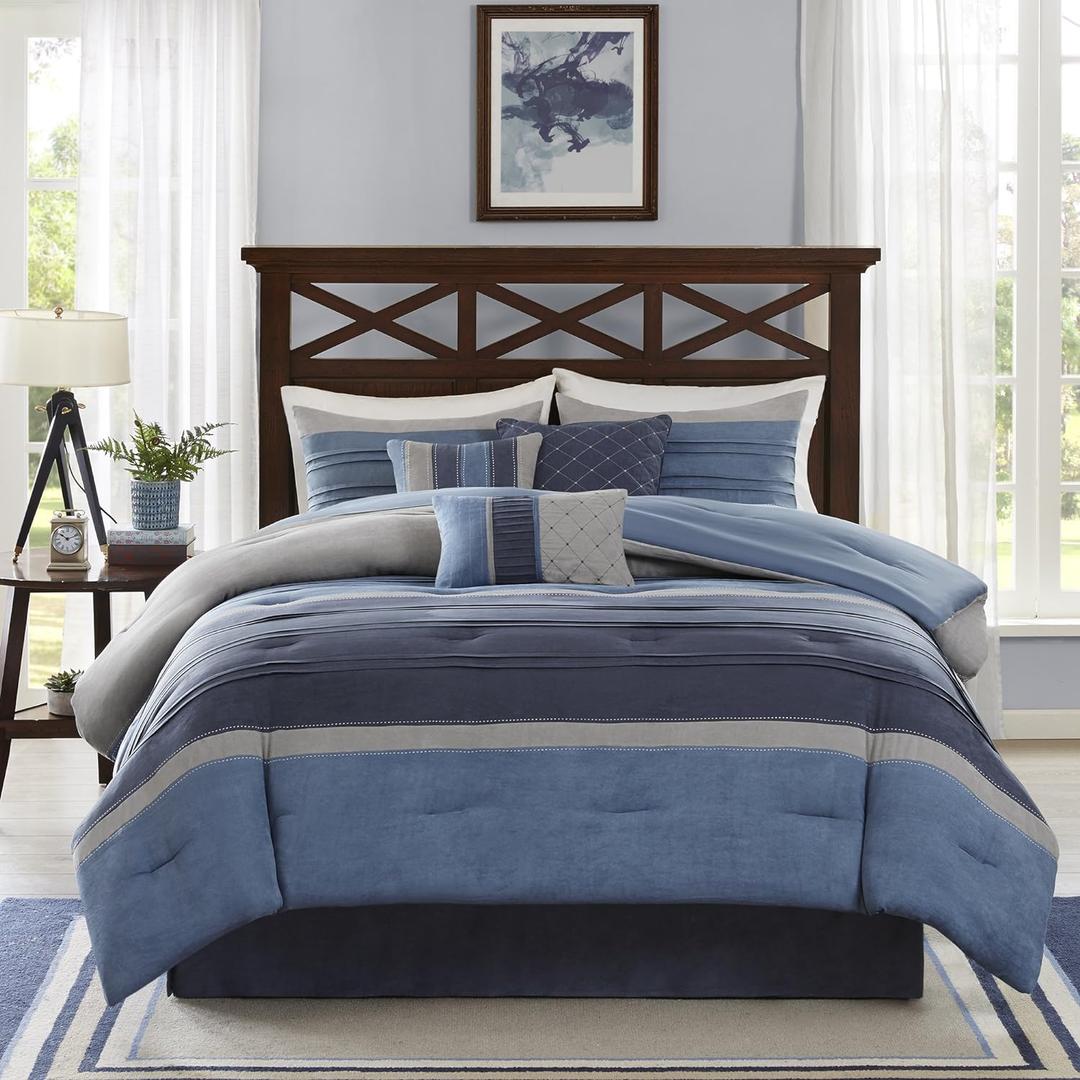 Madison Park Cozy Comforter Set Casual Modern Design - All Season Bedding, Matching Bed Skirt, Decorative Pillows, Collins, Suede Blue Grey King(104"x92") 7 Piece