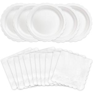 100 Pcs White Paper Plates and Napkins, 50 Pcs Guest White Party Supplies Including Scalloped Plates and Napkins for Independence Day Weddings, Parties