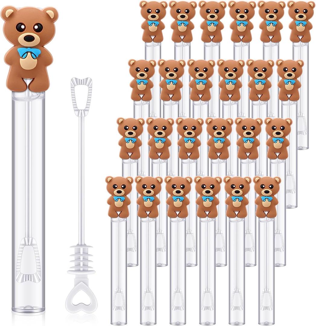 Realspring 24 Pcs Bear Bubble Wands Bulk Mini Bubble Wands for Baby Shower Girls Baptism Bear Theme Party Supplies Summer Birthday Gift Toys Classroom Prizes (Blue)