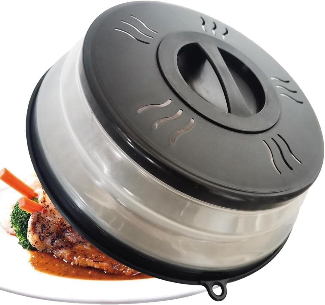 Microwave Splatter Cover Vented for Food, Microwave Plate Cover Splatter Guard & Colander, Fruit Vegetables Drainer with Hook Hole, Dishwasher-Safe,BPA-Free Silicone & Plastic (Black)