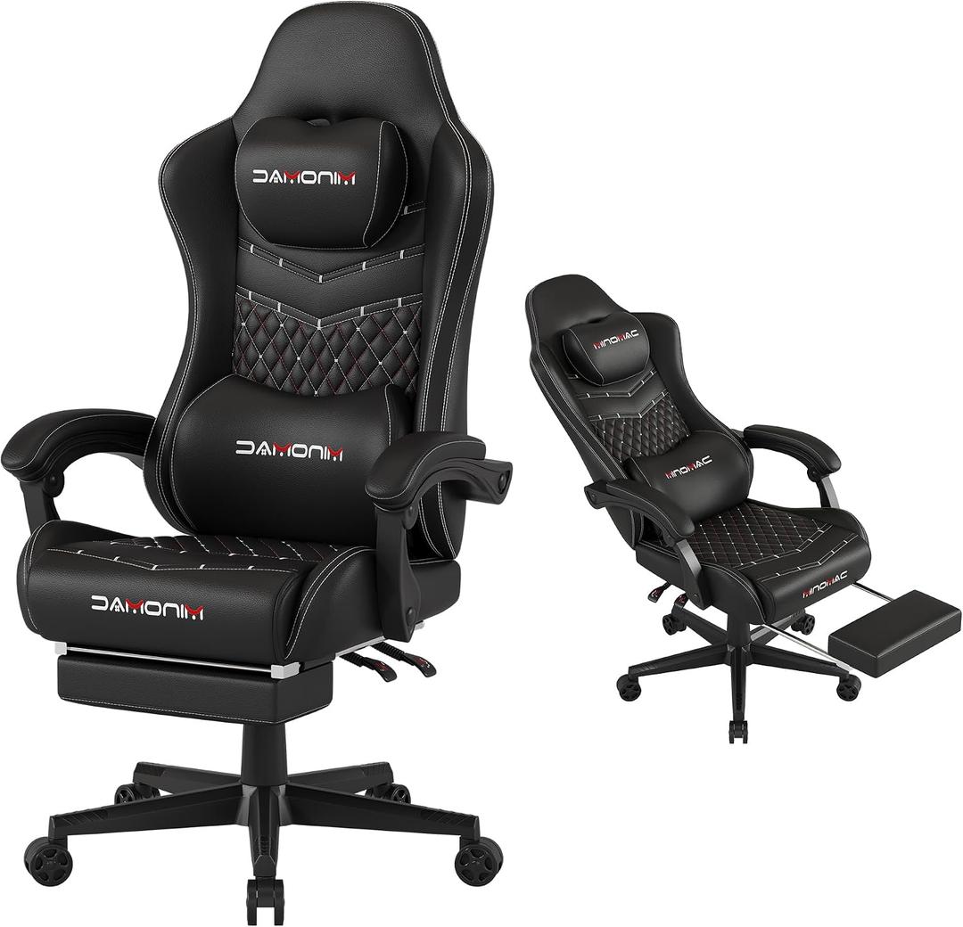 MINOMAC Gaming Chair, Big and Tall Gaming Chair 400lbs Office Chair with Footrest, 90-155° Recline & Removable Headrest Lumbar Support[Spring + 4D Sponge] (Black)