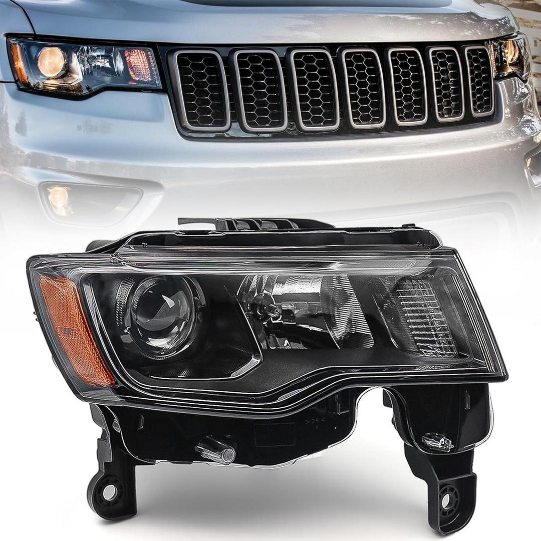 Right Headlight Assembly for 2017-2021 Jeep Grand Cherokee | Black Housing Headlamp [Only for Halogen Model] Replacement for Passenger Side