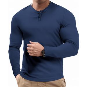 JMIERR Mens Muscle Slim Henley Shirt Button V-Neck Long Sleeve Gym Workout Athletic T Shirts (Blue, XXXL)