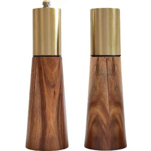 Salt and Pepper Grinder Set, Acacia Wooden Pepper Grinder with Adjustable Coarseness, Refillable Ceramic Blade Grind, Gold Pepper Mill for Kitchen, Enjoy Fresh Ground Pepper Salt with Spice
