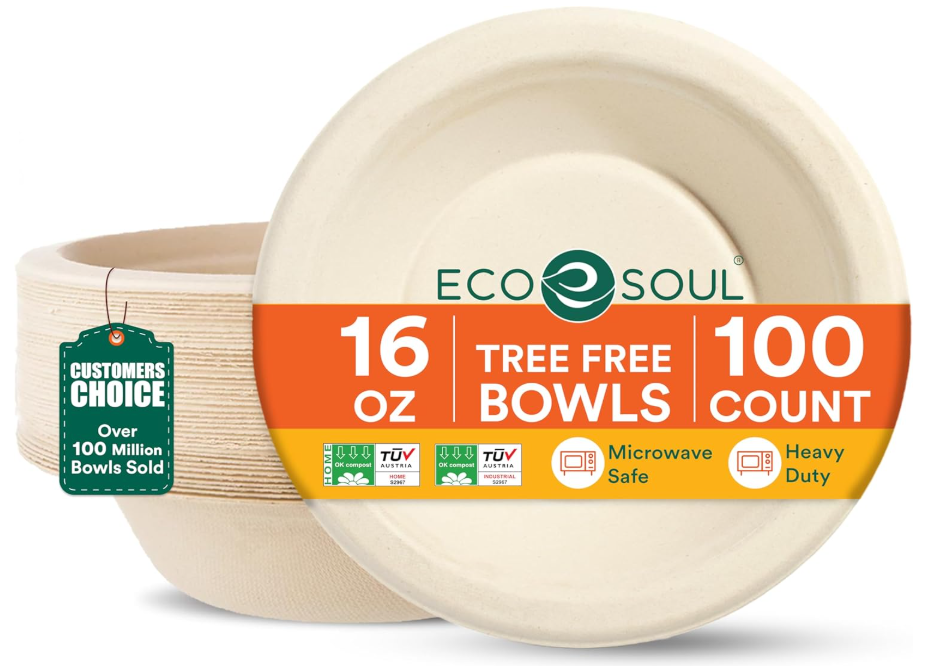 ECO SOUL 16 Oz Compostable Disposable Paper Bowls [1000 Pack] Food Safe Leak-Free 100% Virgin Bagasse Biodegradable Heavy Duty Ramen Soup Bowl for Hot & Cold Food Microwave Safe [Small, Round, White]