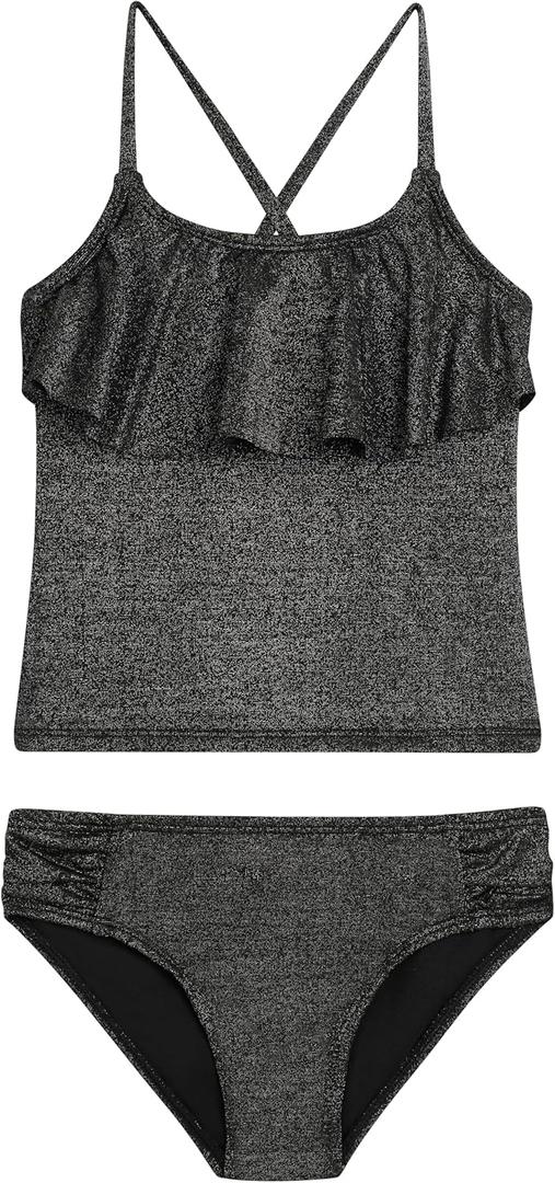 Kanu Surf Girls Charlotte Flounce Tankini Beach Sport 2-Piece Swimsuit (7, Sparkle Solid Black)