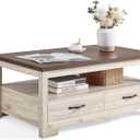 LINSY HOME Farmhouse Coffee Table with Storage, Wood Coffee Table for Living Room, Open Display Area and Storage Drawers with Metal Handles, Chic Style with Curved Base. Oak and Brown