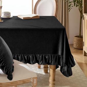 KKJIAF Black Velvet Tablecloth 60 x 102 Inch, Retro Farmhouse Ruffle Oblong Tablecloth Washable Table Cover for Wedding Buffet Parties Baby Shower Kitchen Decoration