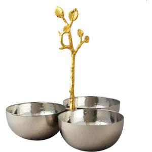 Elegance Golden Vine Hammered Triple Bowl, Silver/Gold