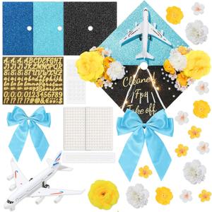 37 Pcs Plane Themed DIY Graduation Cap Decorations Faux Assorted Flowers Plane Lights Blue Bow Track Stickers Glitter Alphabet Letter Number Decals for DIY Hat Grad Cap Topper Graduation Party Supply