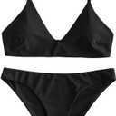 ZAFUL Women's Solid Spaghetti Strap Bralette Bikini Set Two Piece Swimsuit (Medium, 1-black)