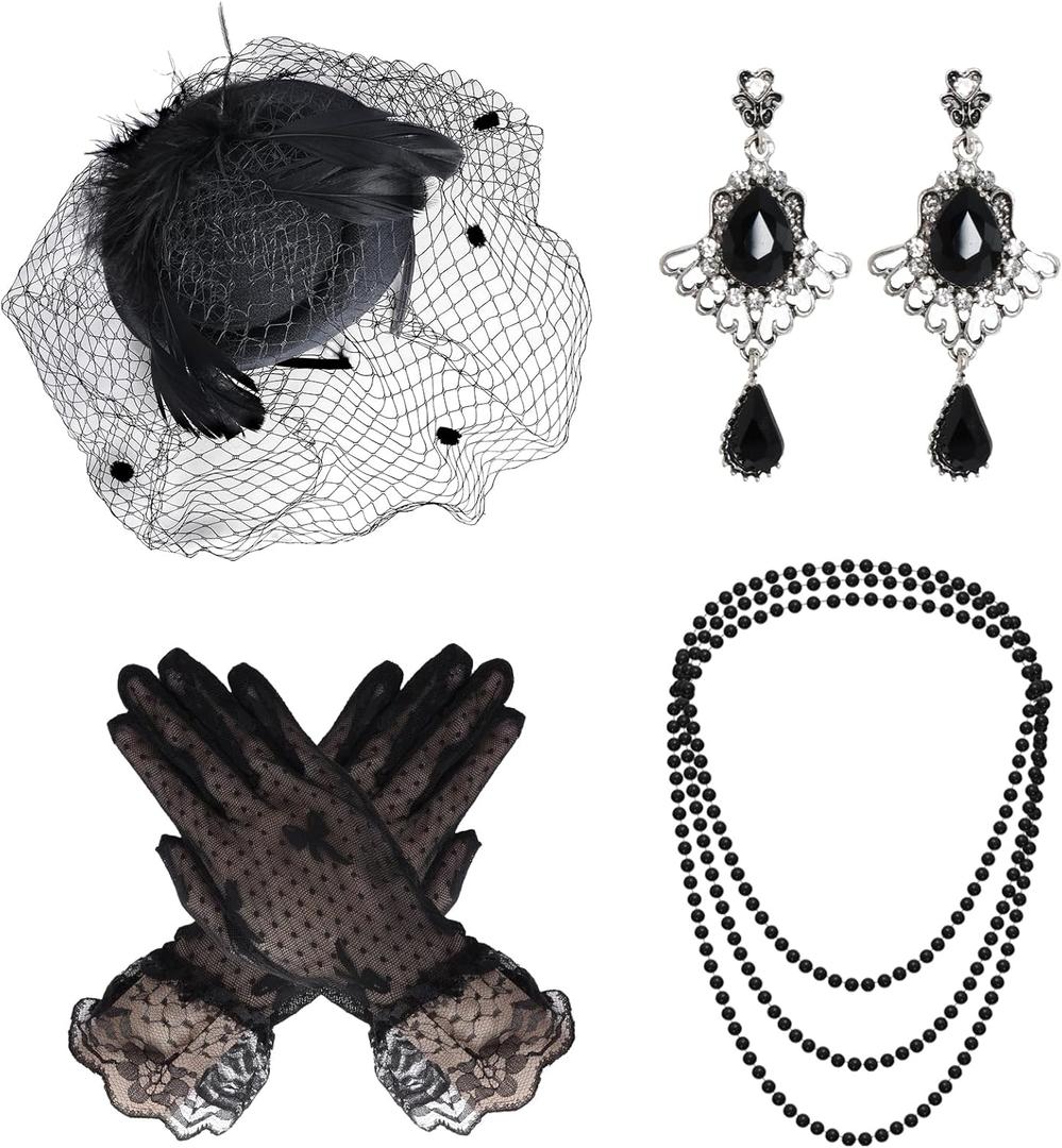 Heliltd 4Pcs Fascinators Hat and Gloves for Women Pillbox Hat with Veil Tea Party Accessories for Women (Black)