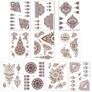 10 Pcs Henna Tattoo Kit Temporary Tattoo Adul Stickers Lace Pattern Fake Tattoos Henna Sticker for Women Girls DIY on Body Face Arms Legs Brown