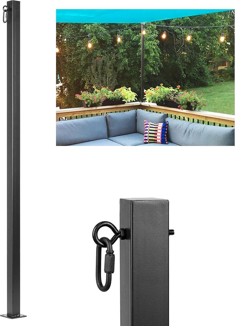 String Light Poles 1 Pack - Outdoor Metal Posts with Hooks for Hanging String Lights - Garden, Backyard, Patio Lighting Stand Mounted on Brick Wall, Concrete Wall and Wood Top Rail