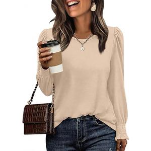 Blouses for Women Casual Puff Long Sleeve Shirts Fall Crew Neck Knit Textured Tunic Tops with Smocked Cuffs Beige XL