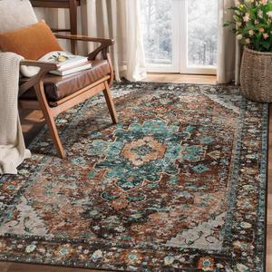 Ciicool Boho Area Rug 3x5ft Washable Bedroom Rug Non-Slip Oriental Entryway Throw Rug Low-Pile Indoor Floor Carpet for Living Room Laundry Foyer Decor (Brick Red/Dull Teal) (3' x 5')