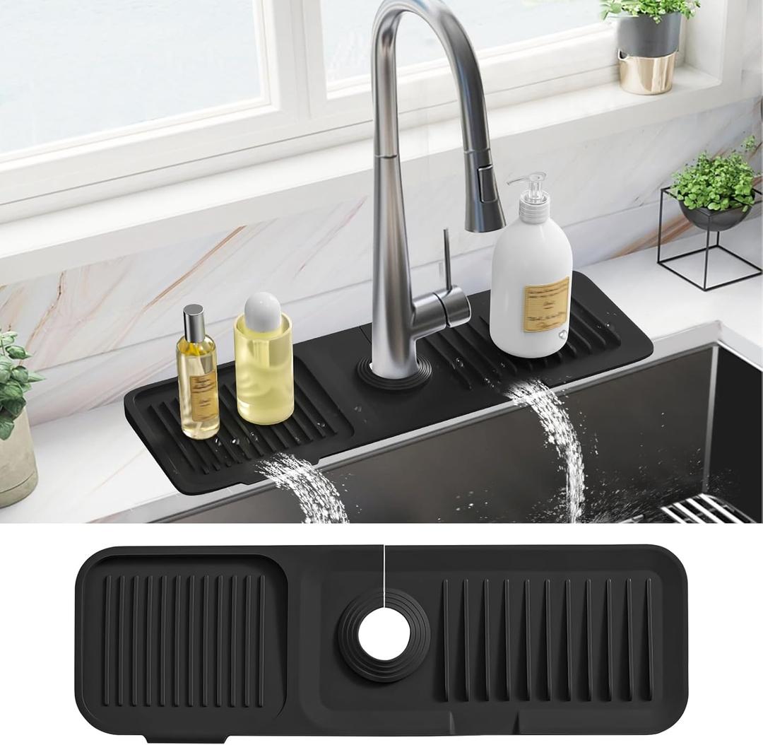 PoYang 17.7 Inch Faucet Mat for Kitchen Sink Splash Guard Behind Faucet, Sink Protectors for Kitchen Sink Faucet Mat Splash Guard for Kitchen Sink Area, Long Silicone Faucet Guard Draining Mat, Black
