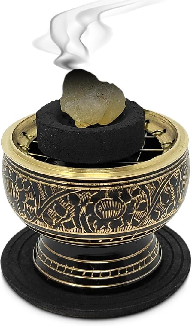 India Small Decorated Brass Charcoal Screen Incense Burner with Wooden Coaster