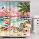 Ocean Beach Tropical Palm Tree Pink Sunset Art Bathroom Shower Curtain Set