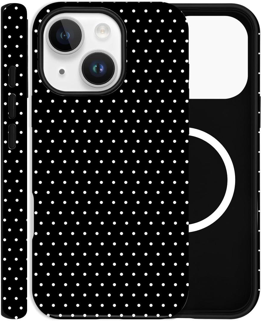 Magnetic Case for iPhone 15, Compatible with MagSafe, Aesthetic Polka Dot Cute Design for Women, Hybrid 2-Layer Hard Shell Phone Cover, Black