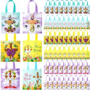 Wesnoy 60 Pcs Easter Gift Bags Bulk He Is Risen Religious Easter Bags with Handles Reusable Non Woven Treat Baskets for Church Goodie Party Supplies