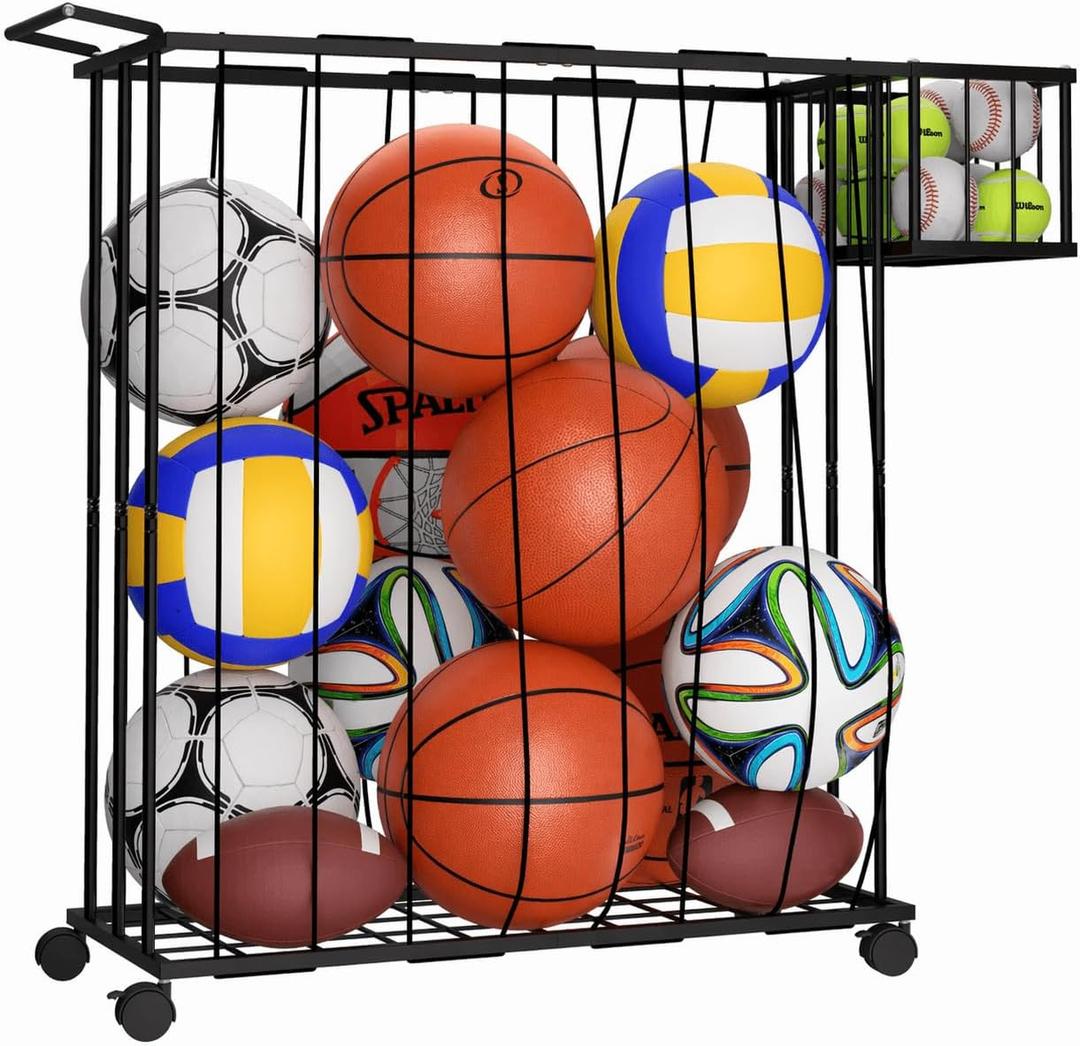 Multi-Sport Ball Storage Cart with Side Basket for Gloves & Tennis; Gravity-Access Elastic Straps for Kids; Rolling Garage Organizer Rack for Basketballs, Soccer & Yoga Mats - Multi-Athlete Families