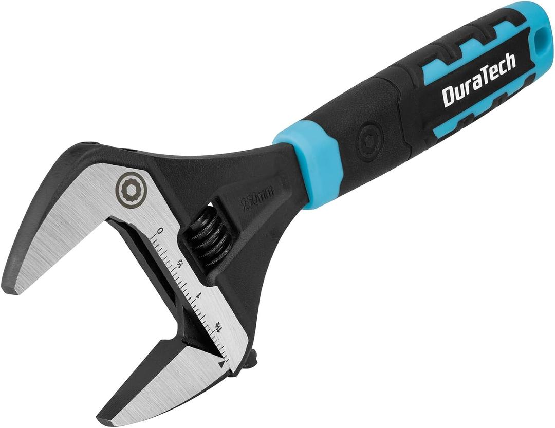 DURATECH 10-Inch Adjustable Wrench, Wide Jaw Opening Plumbing Wrench, CR-V Steel, SAE and Metric Scale Marked, Ergonomic Grip (Black & Blue)
