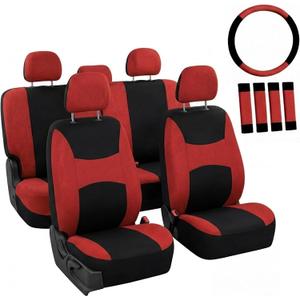 FH Group Car Seat Covers Full Set Cloth, Universal Fit combo, Automotive Covers, Low Back Front Airbag Compatible,Split Bench Rear Seat,Washable Cover for SUV,Sedan,Van Red