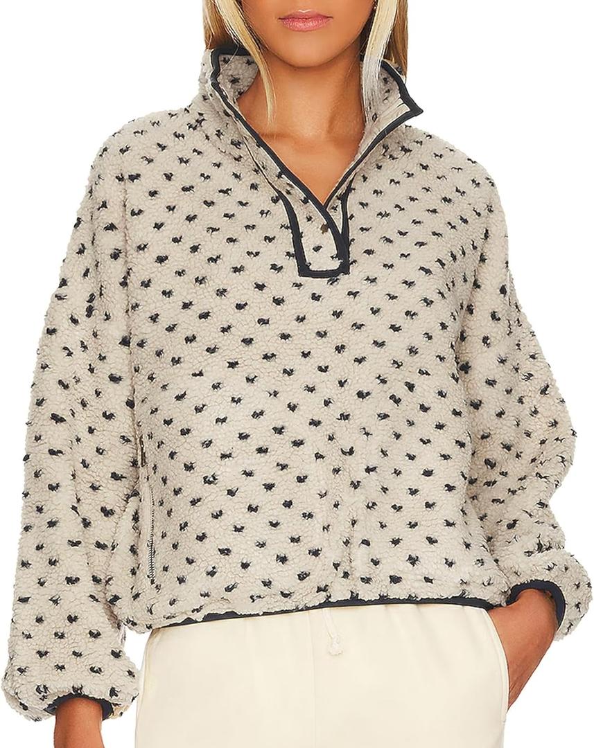 Fuzzy Fleece Jacket Women Long Sleeve Half Button Down Tops Casual Sherpa Pullover Sweatshirt Warm Winter Outerwear (Large, Black)