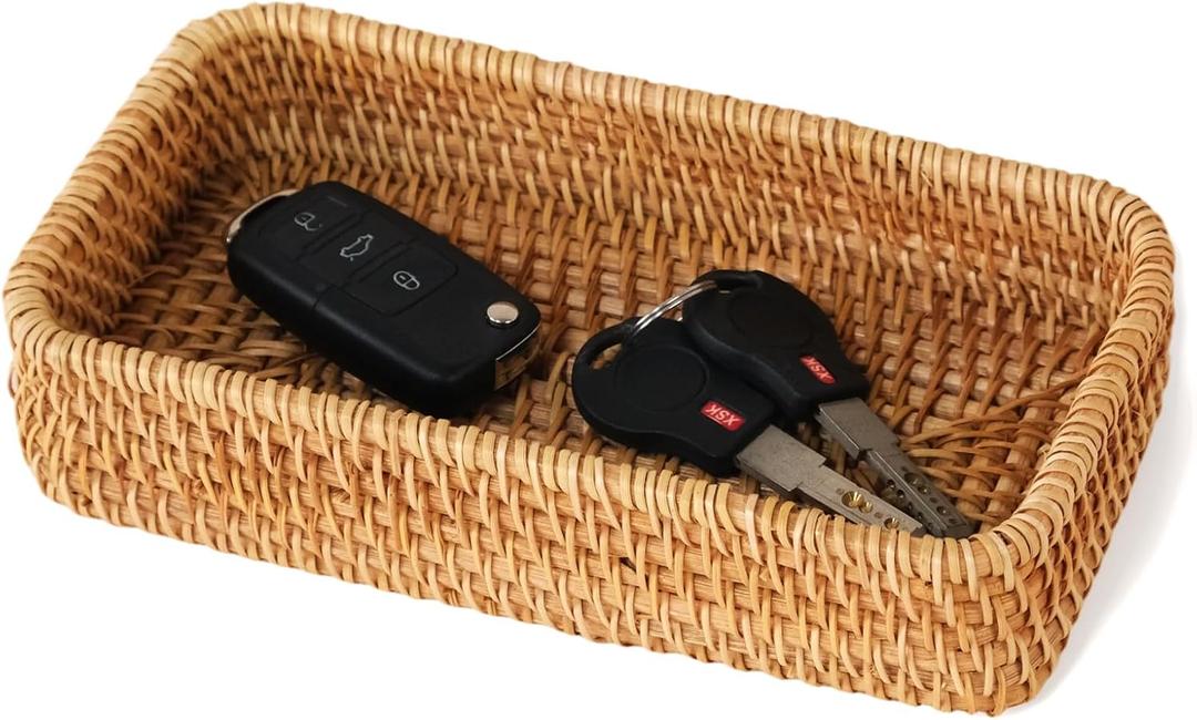 Small Rattan Serving Tray, Woven Rectangle Tray key Bowl for entryway, Natural Wicker Trays Key Bowl Decorative Baskets for Coffee Table, Kitchen, Bathroom