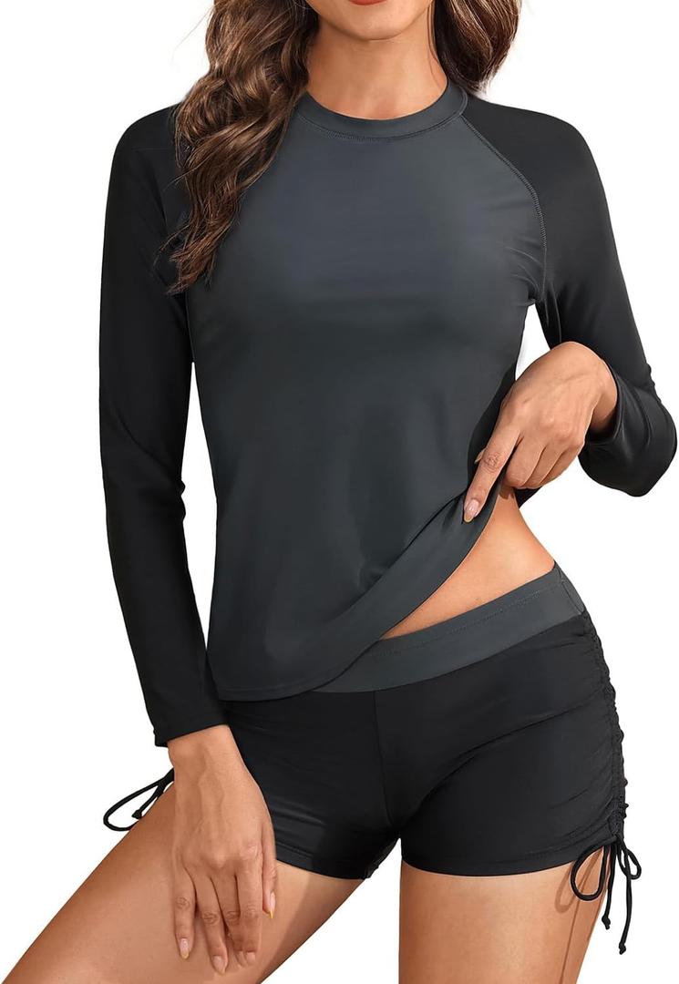 Aqua Eve Women Two Piece Rash Guard Long Sleeve Swimsuit Swim Shirt with Shorts Modest Bathing Suit UPF 50+ (Large, Grey Black)