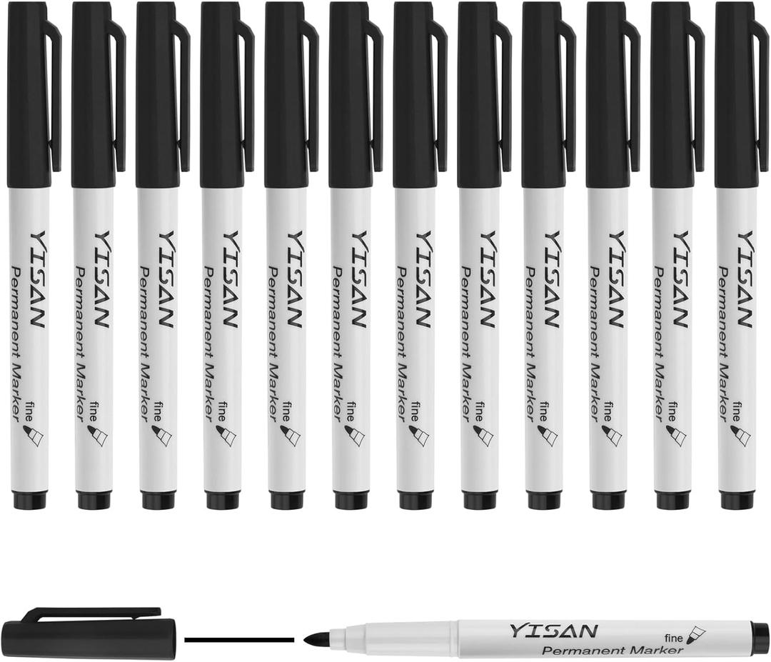 3 x YISAN Permanent Markers,12 Pack Fine Tip Black Permanent Markers,Quick Drying Ink,Works on paper,Plastic,Stone,Glass,Metal,71525