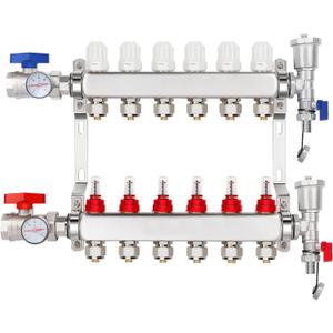 6-Branch PEX/Radiant Heat Manifold1/2" PEX Tubing Manifold,304 Stainless Steel Floor Heat Manifold Kit with 1/2" Adapters Included for Hydronic Radiant Floor Heating (6-Loop)