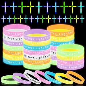 200 Pcs Glow in The Dark Christian Party Favors Silicone Bracelets Cross Necklace Bulk Bible Wristbands Luminous Pendant for Religious Gift